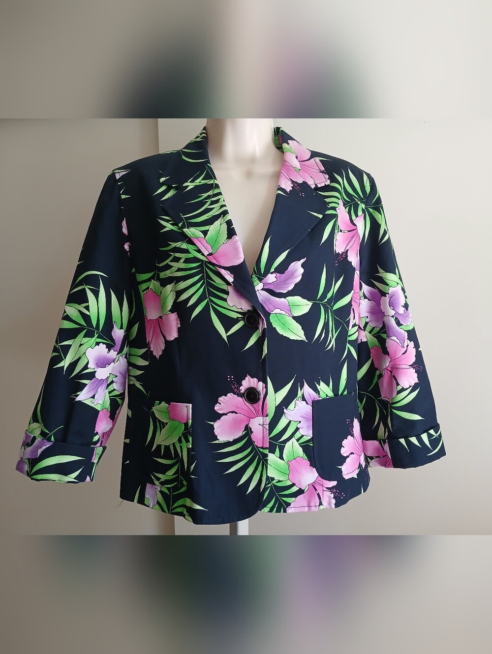  Rafaella Black Floral Tropical Print Blazer - Size 10 - Excellent Condition